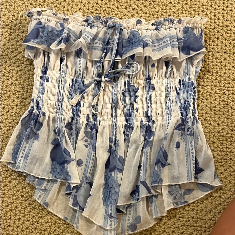 Urban Outfitters Blue and Cream Floral Ruffle Blouse